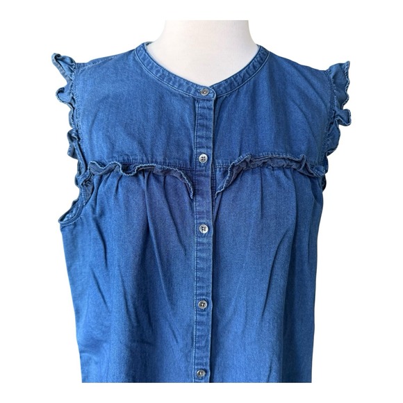 Old Navy Chambray Sleeveless Shift Dress Large Denim, Ruffle Sleeves and Design - Picture 1 of 11